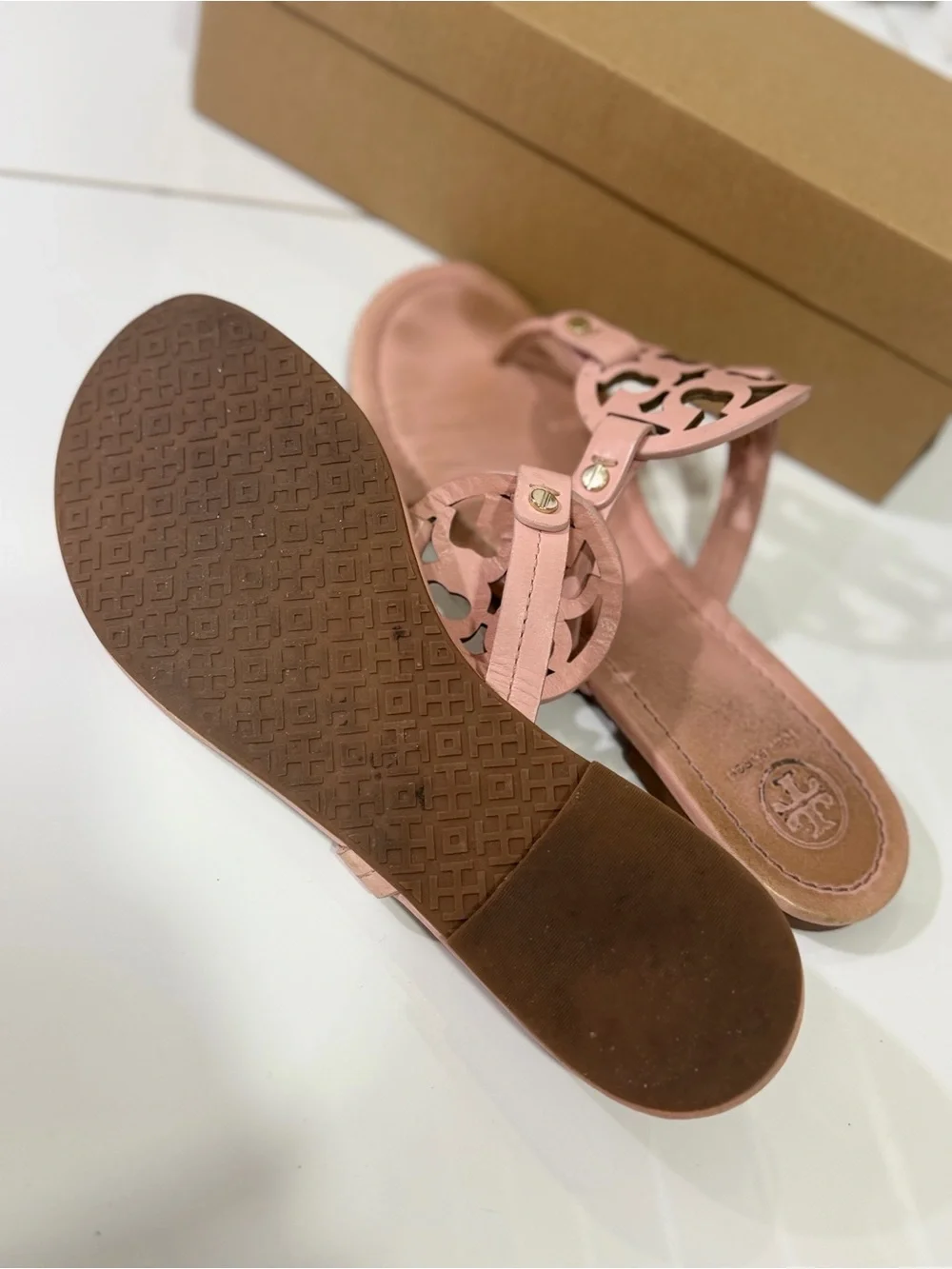 Tory Burch Pink Leather Logo Thong Sandals
